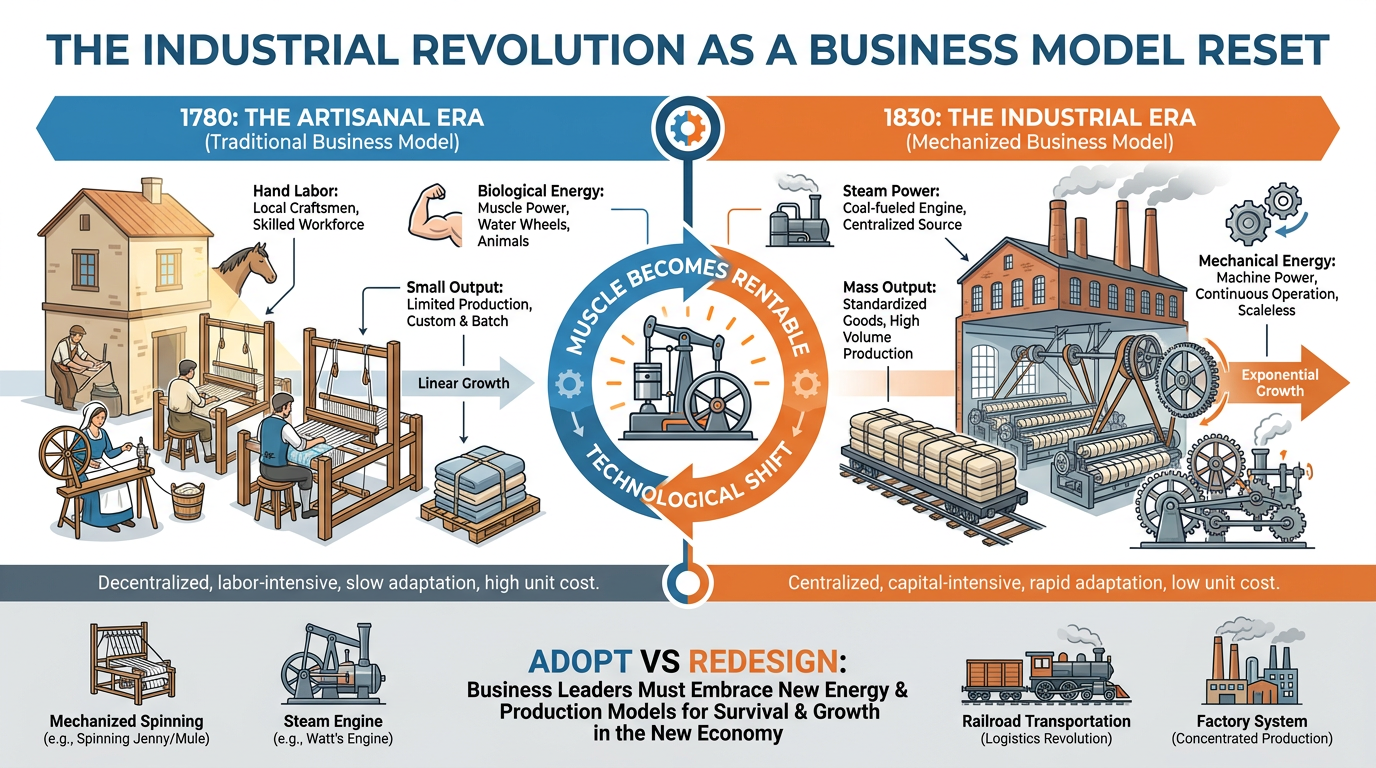 Illustrated explainer infographic comparing the Industrial Revolution and the AI Revolution as back-to-back business model resets