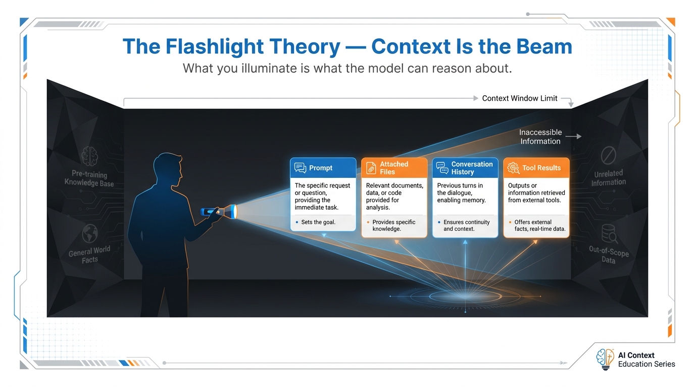 Infographic showing the Flashlight Theory — a mind in a dark room, a flashlight beam illuminating prompt, files, memory, and tools, with the page-and-prompt pattern illustrated