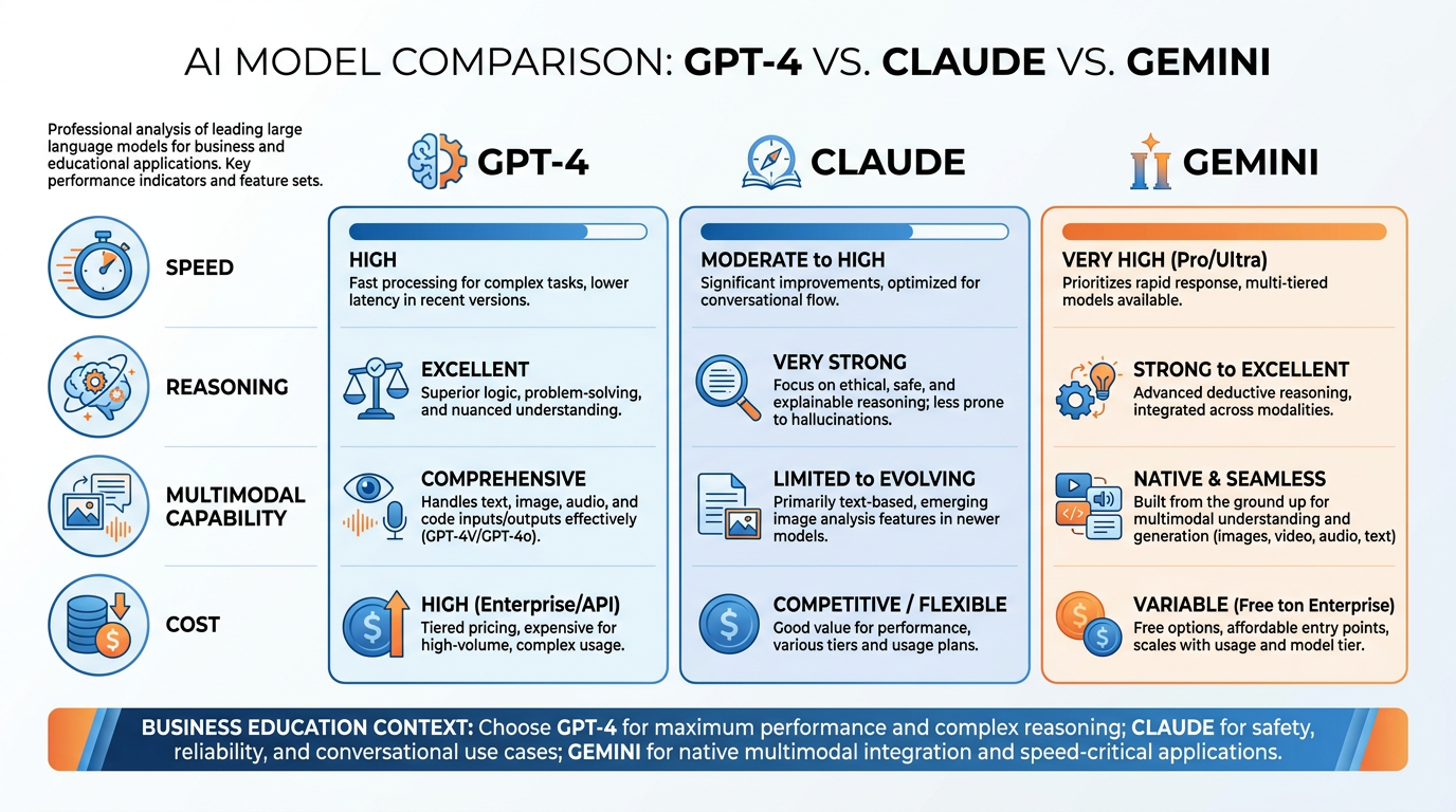 Infographic comparing AI model families — Claude, Gemini, GPT, Grok, and open-weight models — organized by capability tier with pricing context