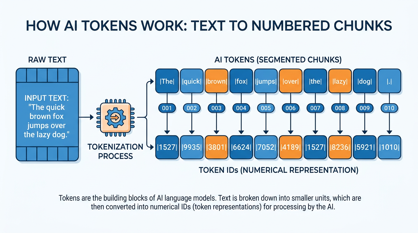 Infographic showing how text is broken into tokens — words, subwords, and characters — with the strawberry example and a token-to-word ratio guide