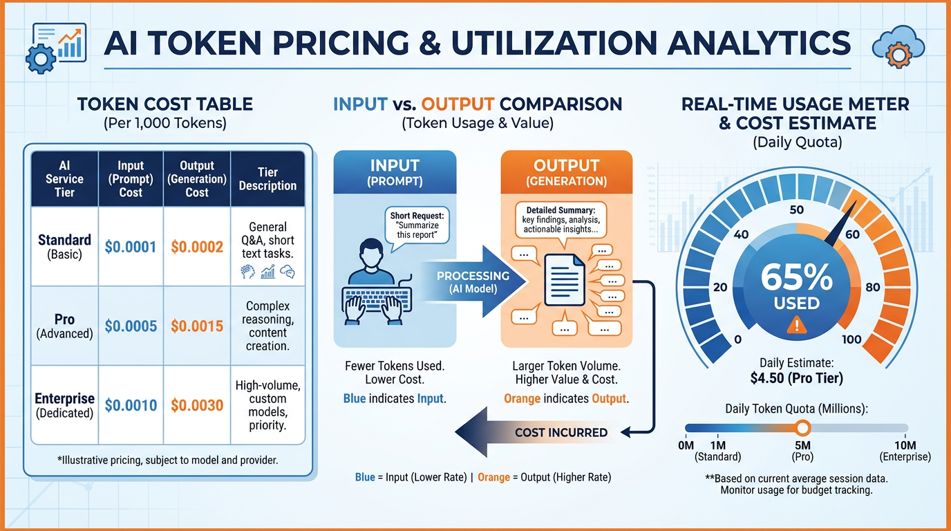 Infographic illustrating the token economy — a taxi meter showing input vs output token pricing, the re-send problem across conversation turns, and cost levers for prompt design