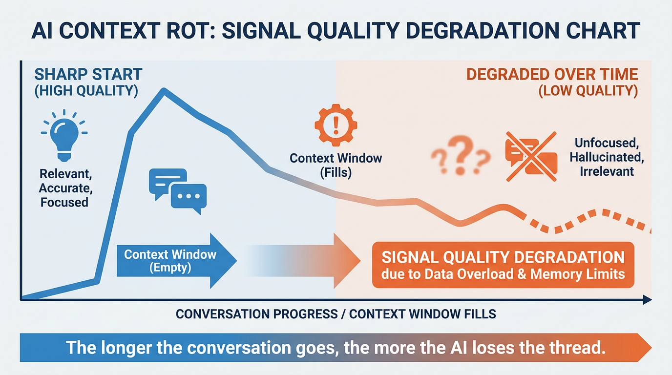 Infographic showing a whiteboard progression from clean and readable to overwritten and cluttered, with warning signs of context rot listed alongside the fresh-start discipline