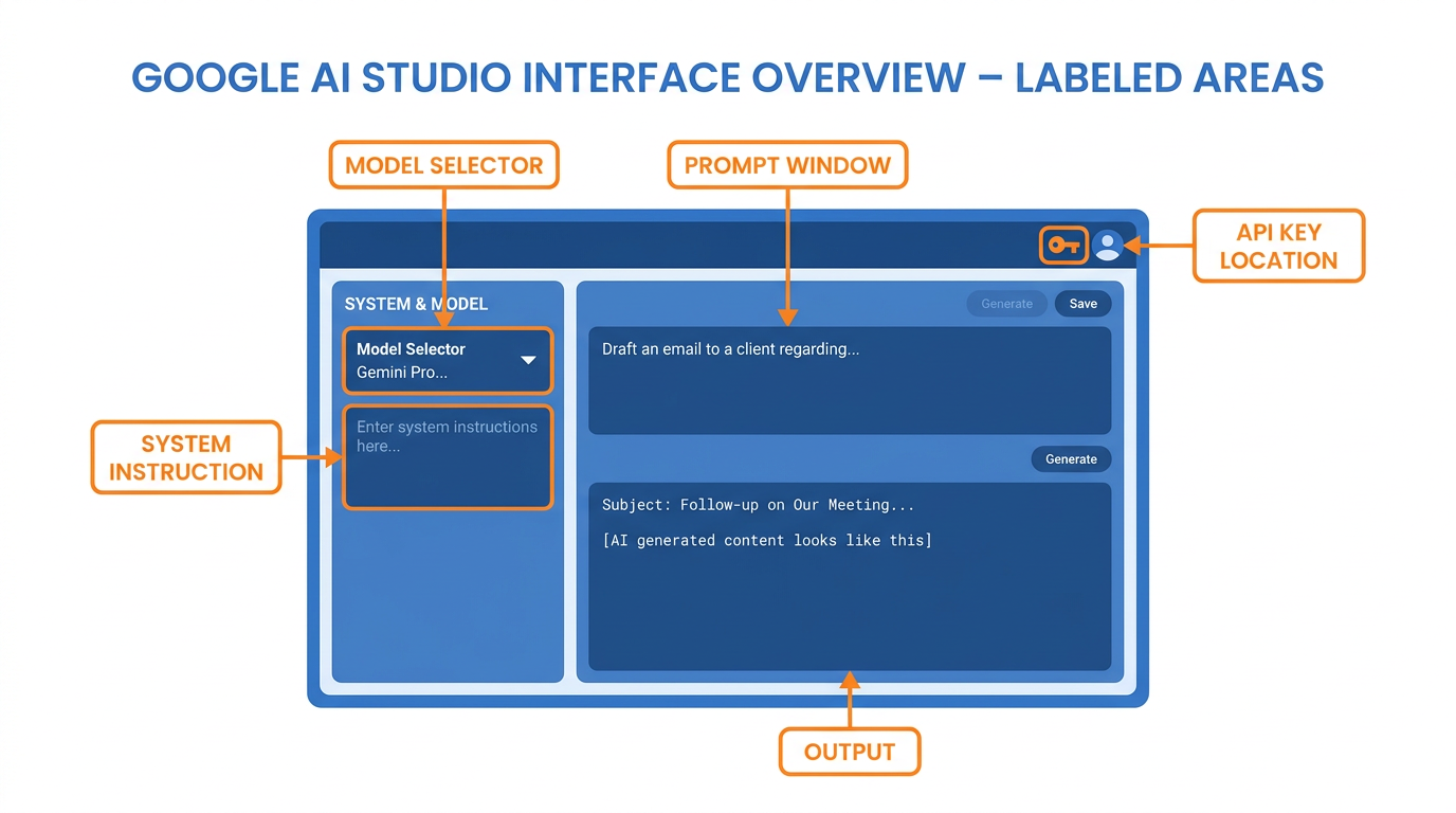 Google AI Studio interface with labeled sections