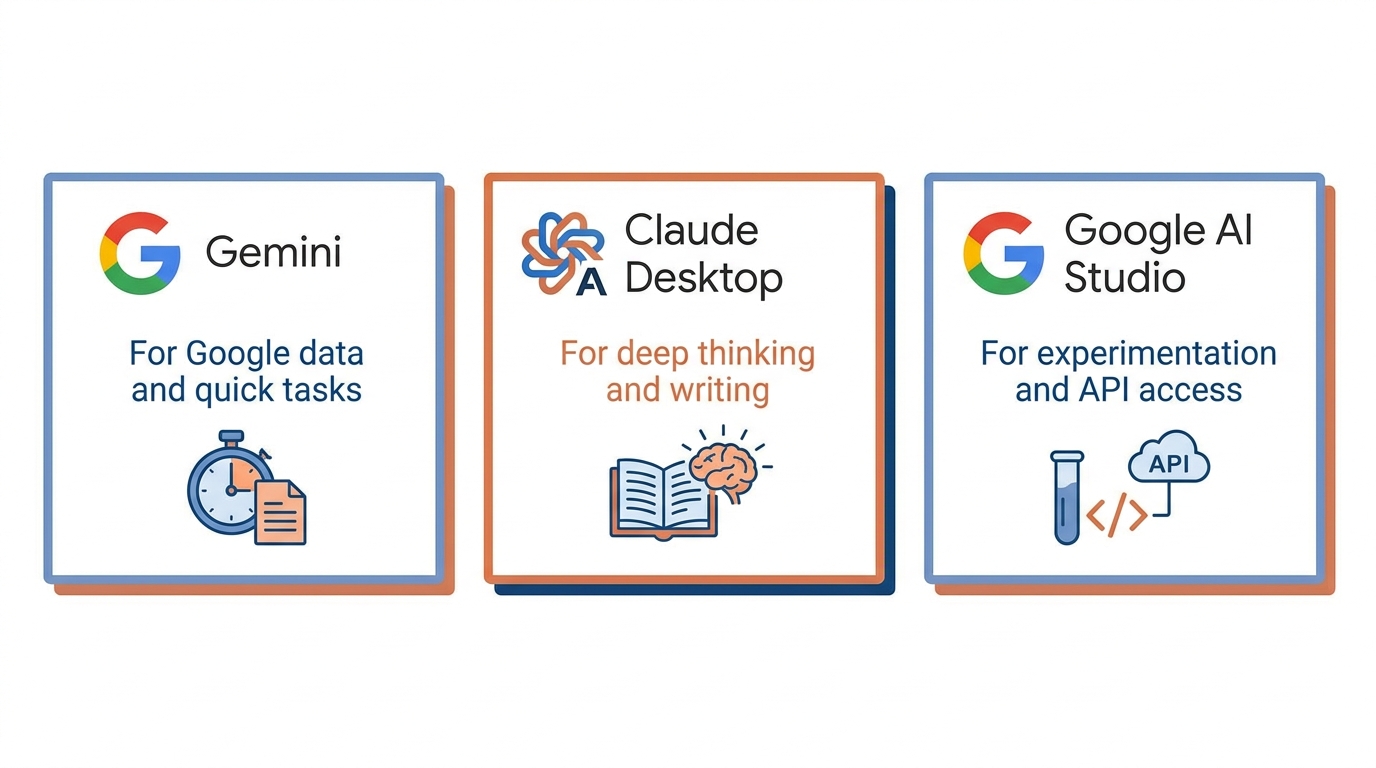 Three independent AI tools — Gemini, Claude Desktop, and Google AI Studio — each doing a separate job