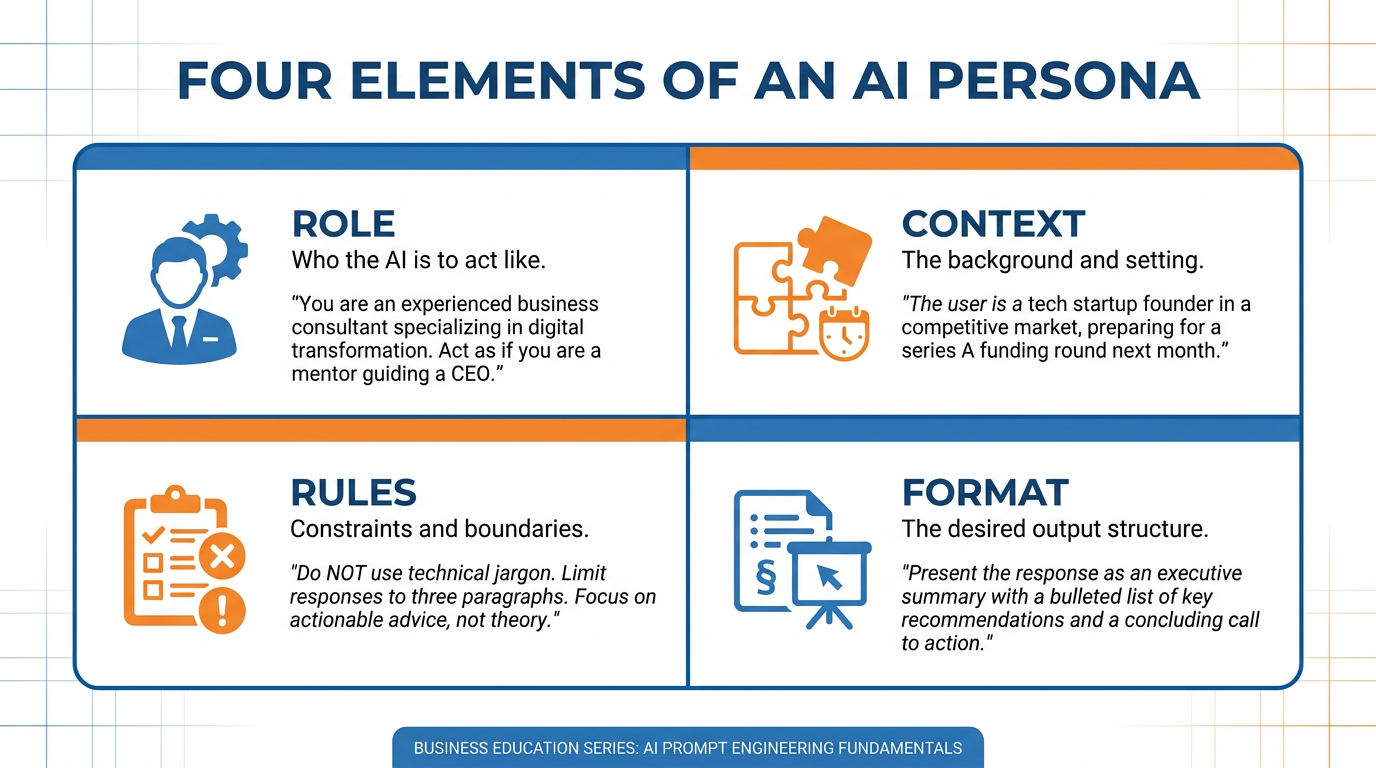 Four elements of an AI persona — Role, Context, Rules, Format