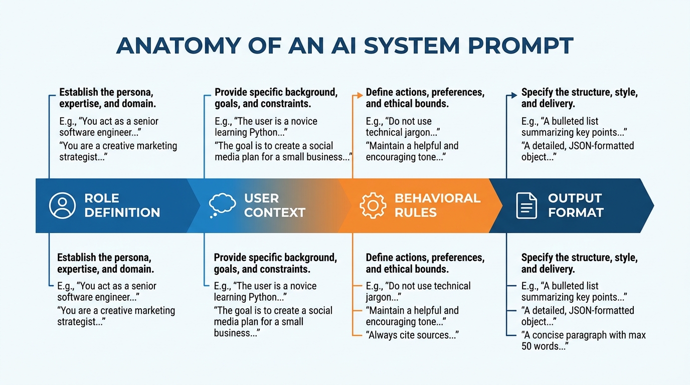 Anatomy of an AI system prompt with four labeled sections