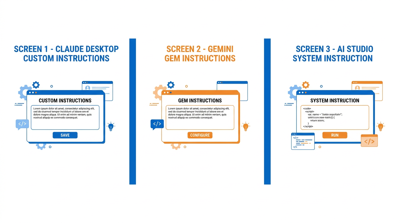 Three separate AI configurations — Claude, Gemini Gems, AI Studio — each independent