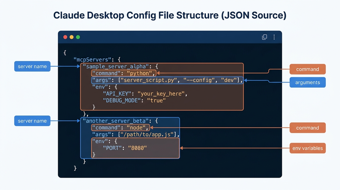 Claude Desktop config file showing MCP server entries