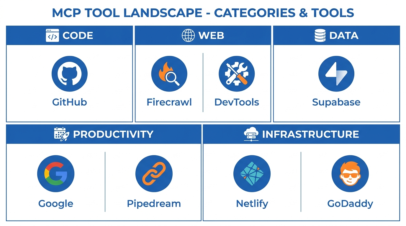 MCP tool landscape showing categories — code, web, data, productivity, infrastructure