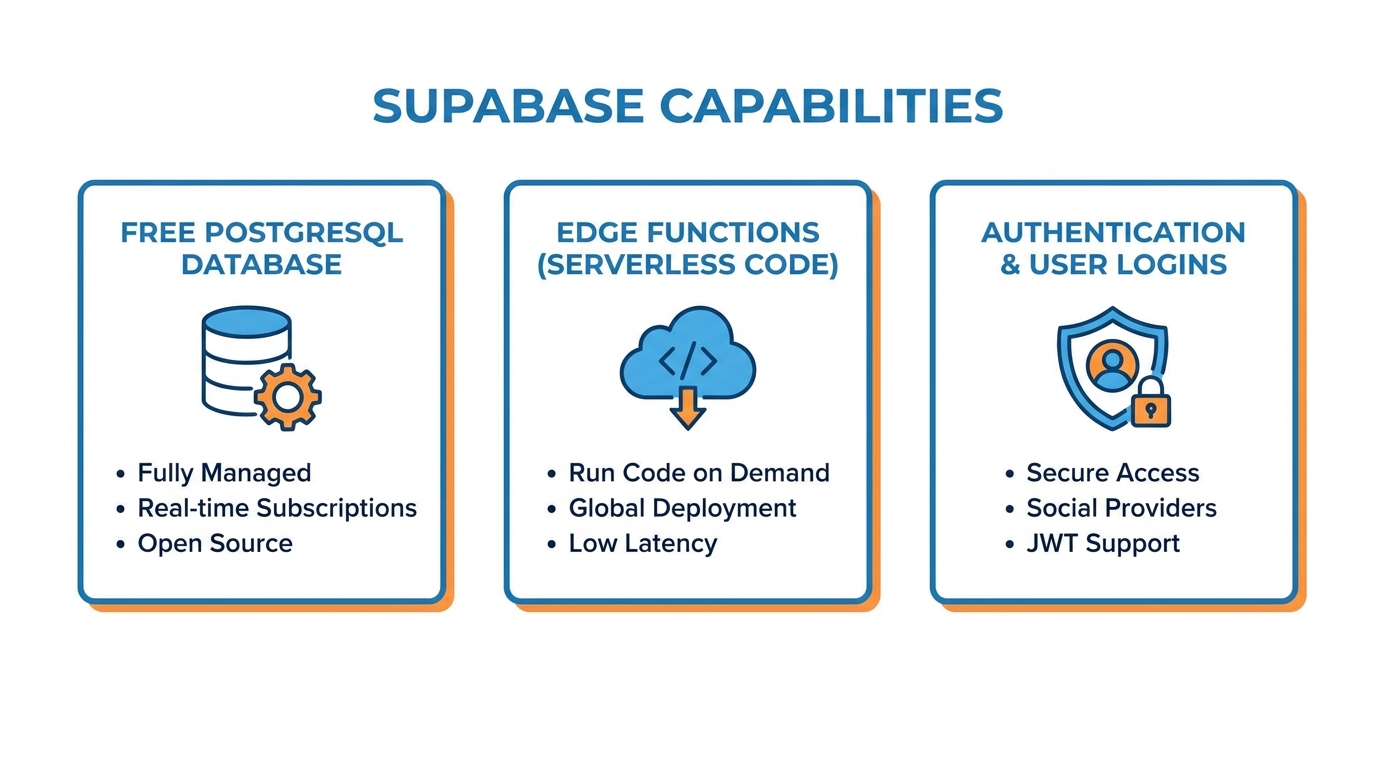 Three Supabase capabilities — database, edge functions, authentication