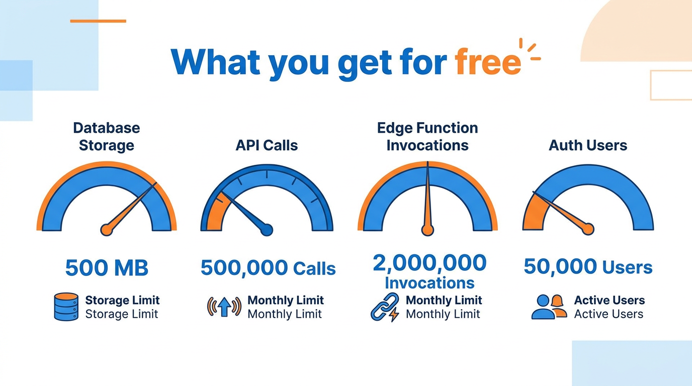 Supabase free tier limits — storage, API calls, edge functions, auth users