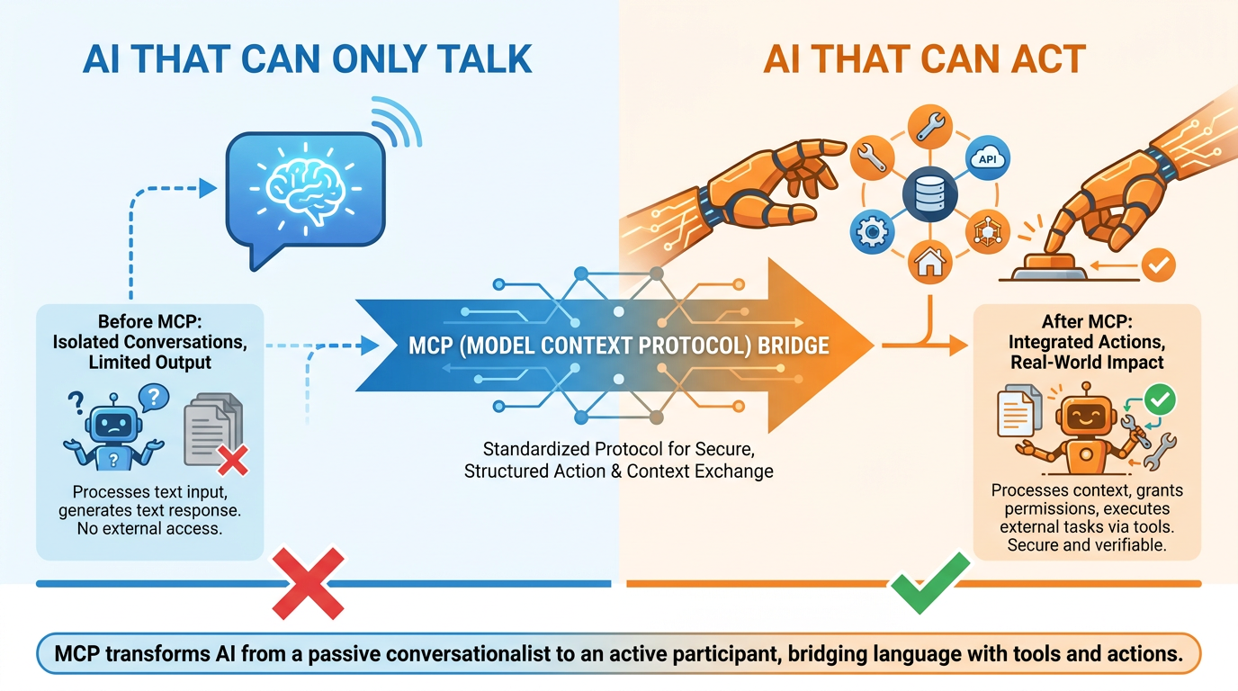 Before and after MCP — AI that can only talk vs AI that can act