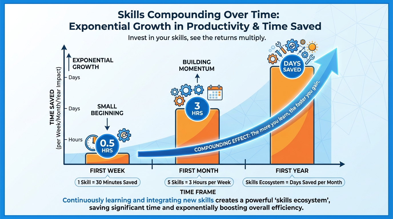 Skills compounding over time — exponential time savings curve