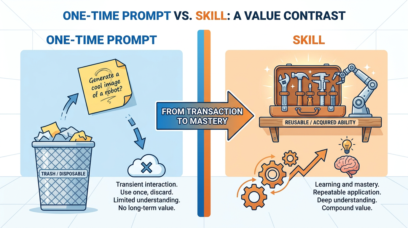 One-time prompt vs reusable skill — the fundamental difference