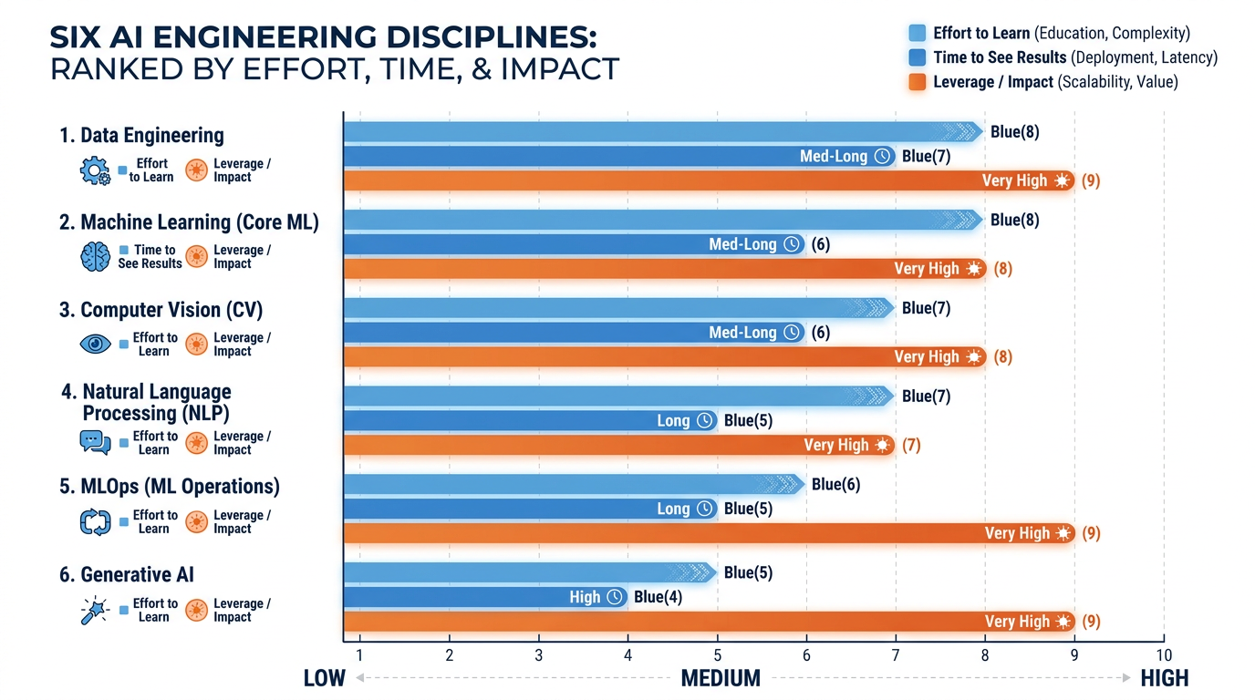 The six disciplines compared by effort, time to results, and leverage