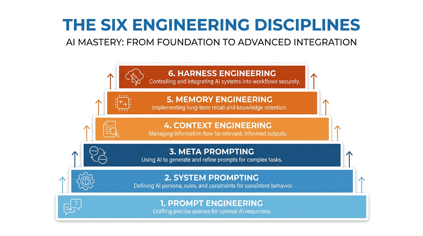 The six engineering disciplines of AI mastery — from prompt engineering to harness engineering
