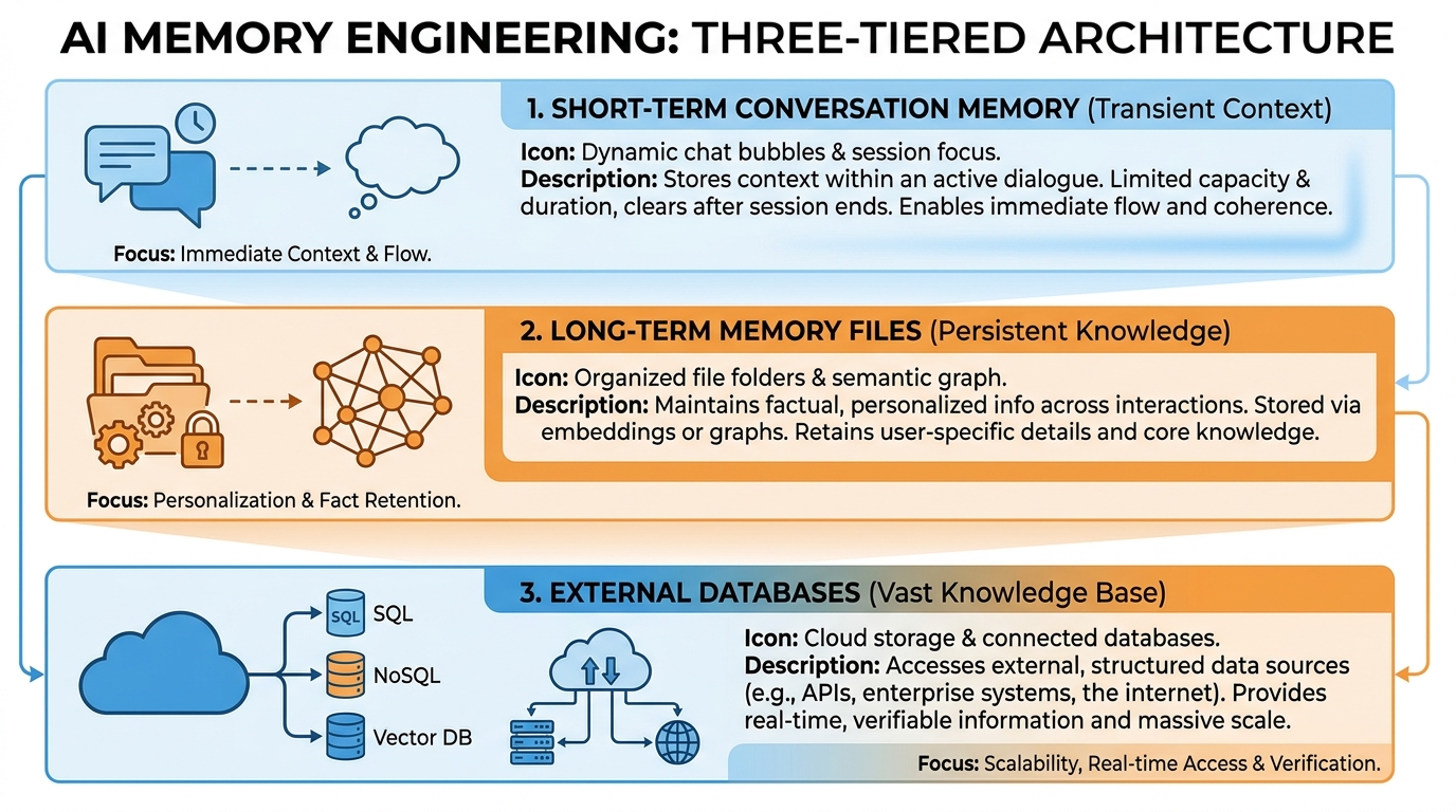 Three tiers of AI memory — conversation, file-based, and database memory