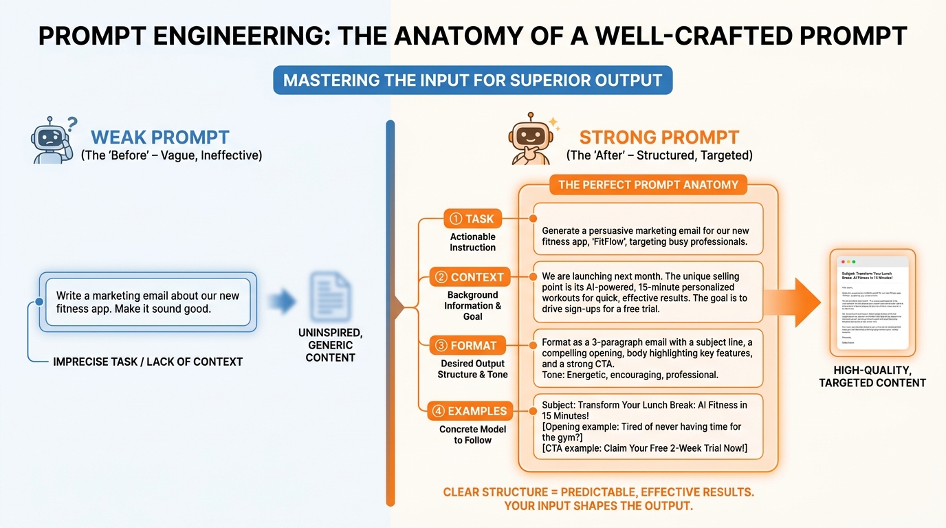 Prompt engineering — anatomy of a strong prompt with before and after comparison