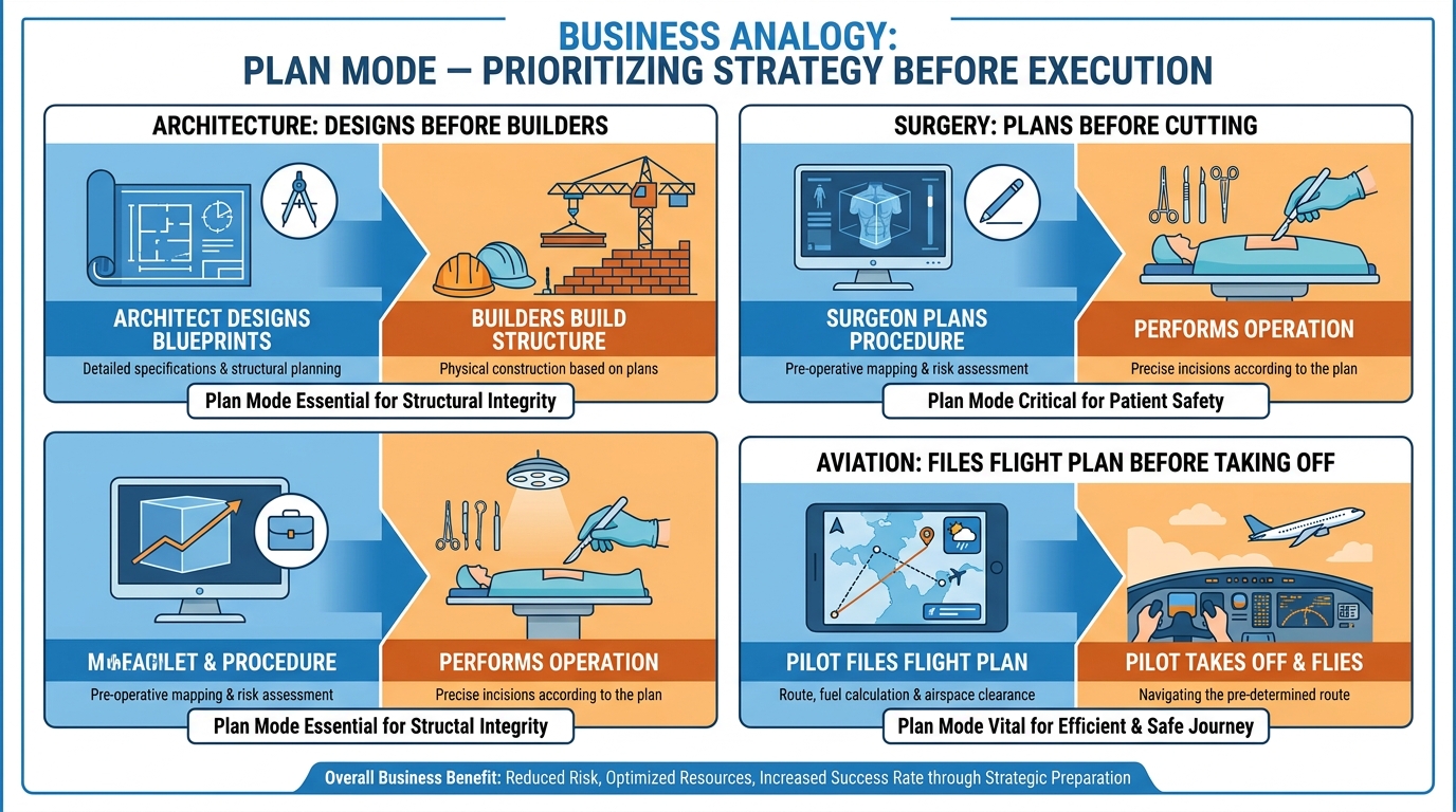 Business analogies for Plan Mode — architect, surgeon, pilot all plan before they act