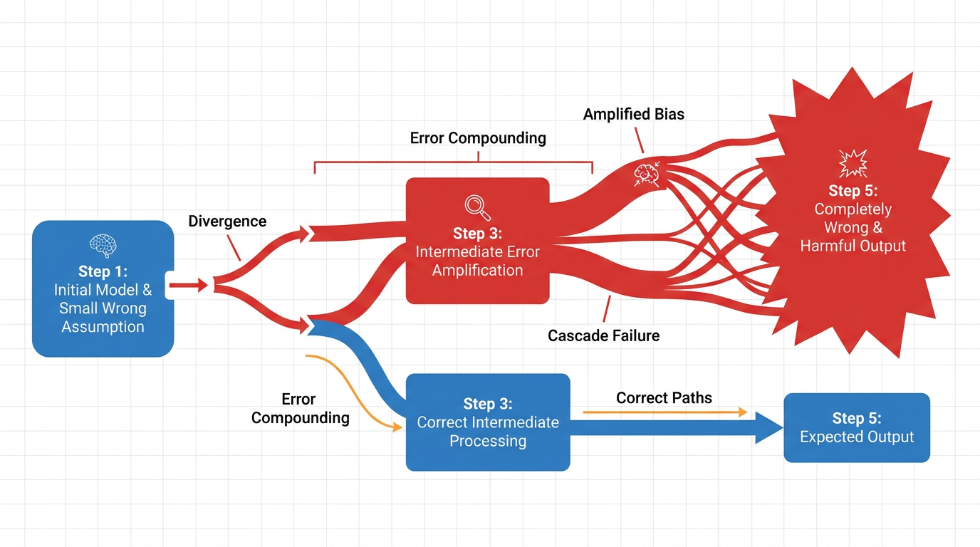 Compounding errors — small wrong assumption at step 1 amplifies into completely wrong output by step 5