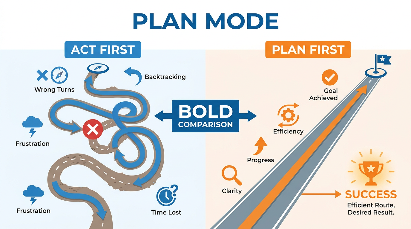 Plan Mode — two paths, plan first vs act first, showing dramatically different outcomes