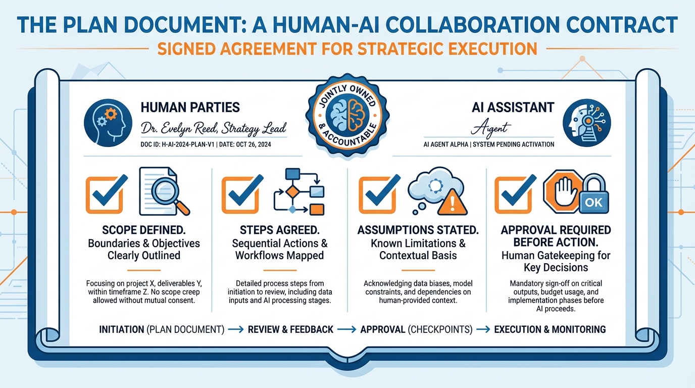The plan as a signed contract between human and AI — scope, steps, assumptions, approval