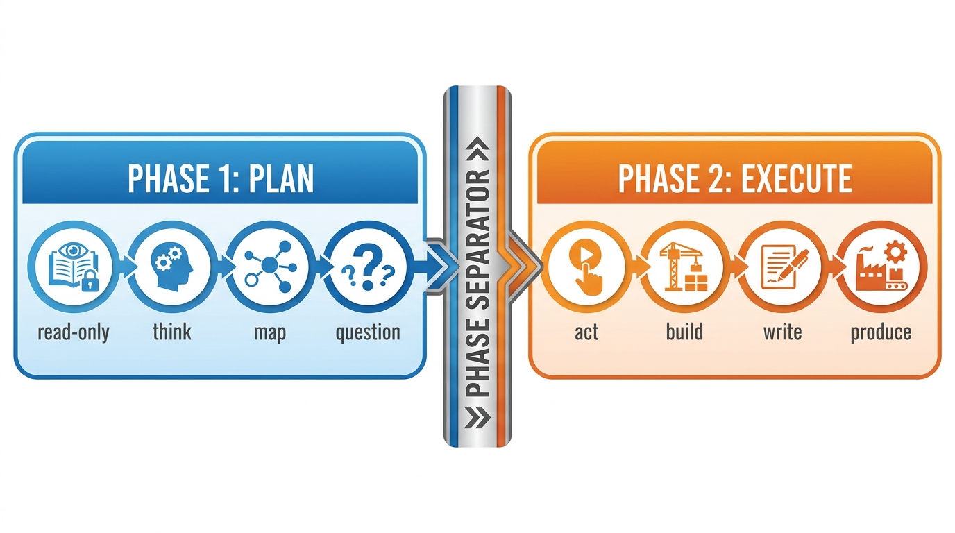 Two-phase workflow — Plan phase (read-only, think, question) then Execute phase (build, write, produce)