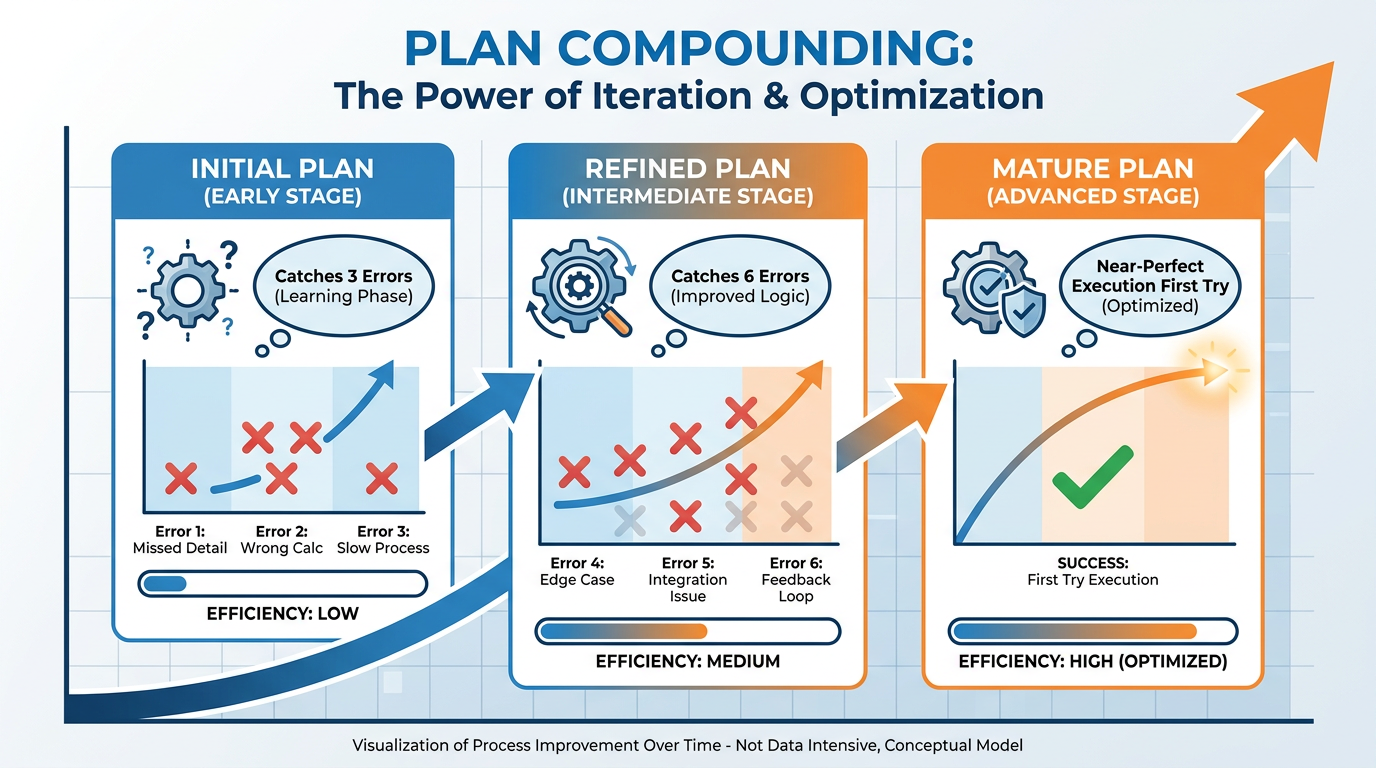 Plans improving over time — first plan catches 3 errors, refined plan catches 6, mature plan near-perfect