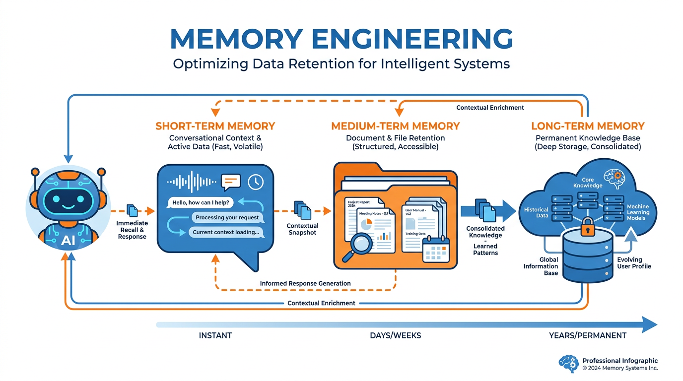 Three layers of AI memory — conversation, file-based, and database