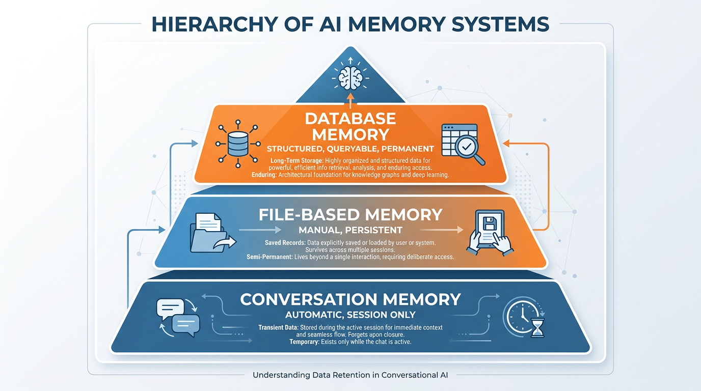 Three-tier memory pyramid — conversation, file-based, database
