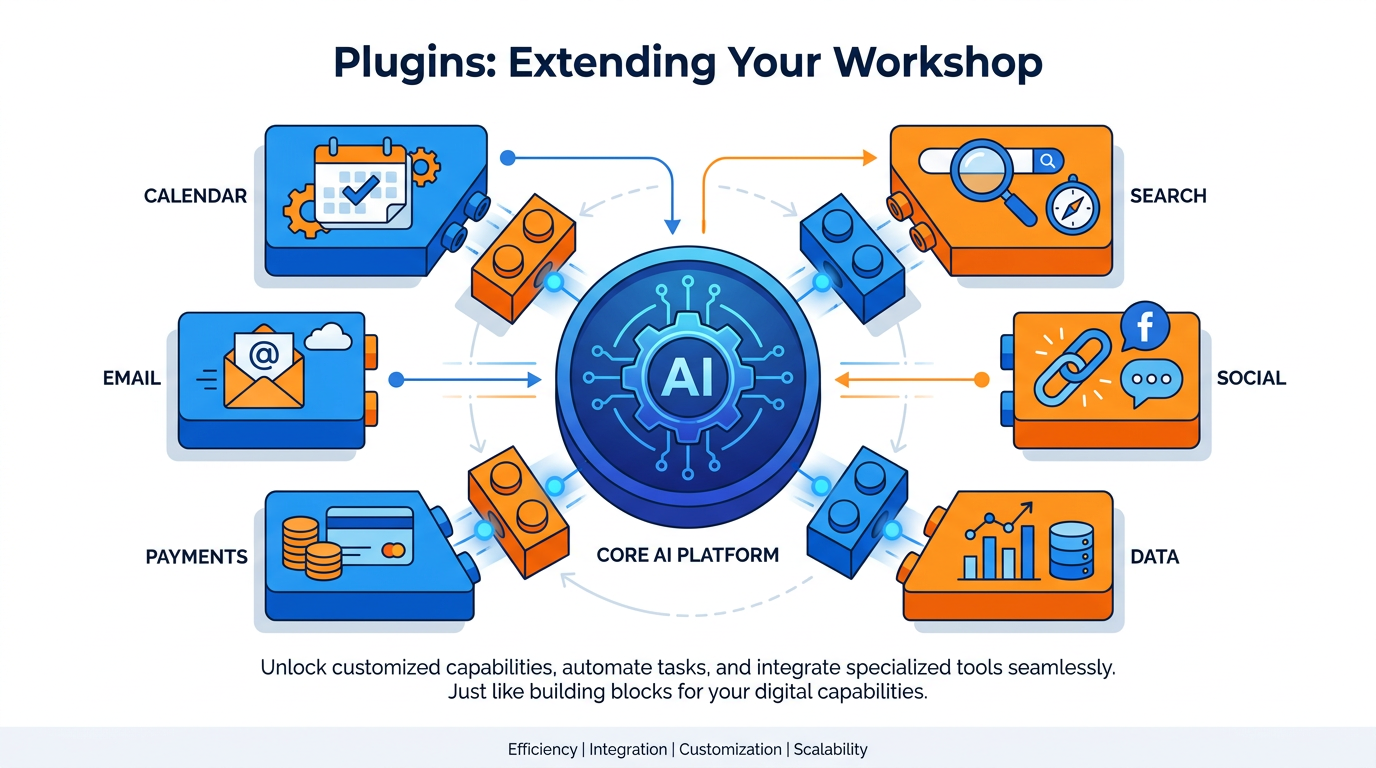Plugins extending an AI tool — calendar, email, payments, search, social, data snapping in like Lego pieces