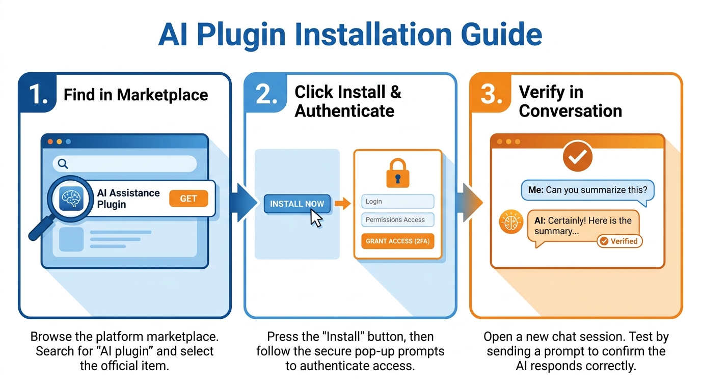 Three-step plugin installation — find, install and authenticate, verify
