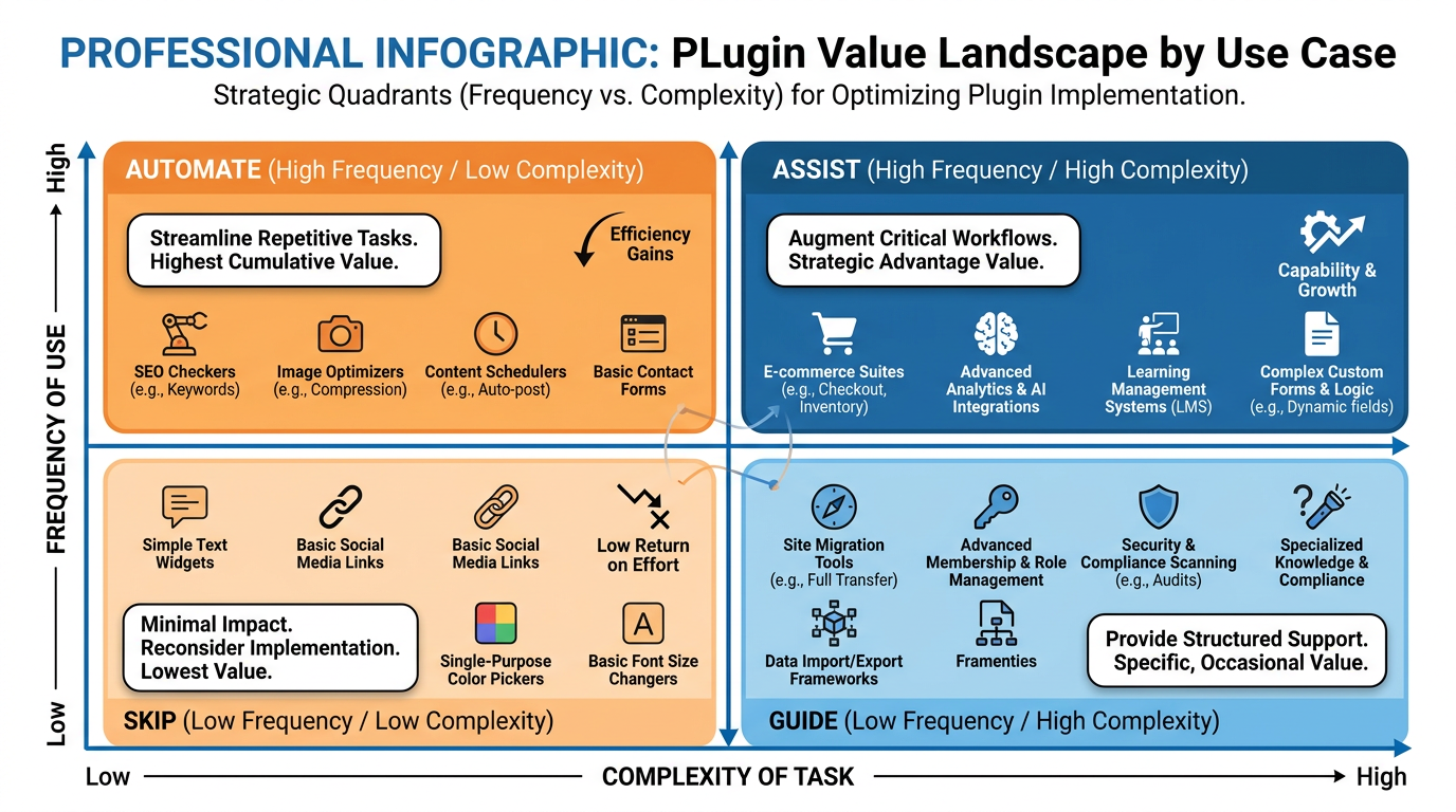 Plugin value map — frequency vs complexity quadrant showing which to automate vs assist vs guide