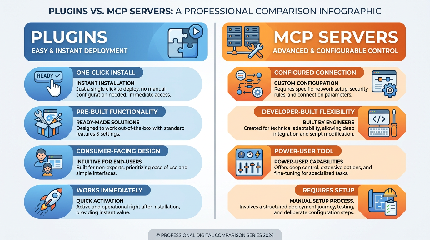 Plugins vs MCP — one-click consumer tool vs configured developer connection