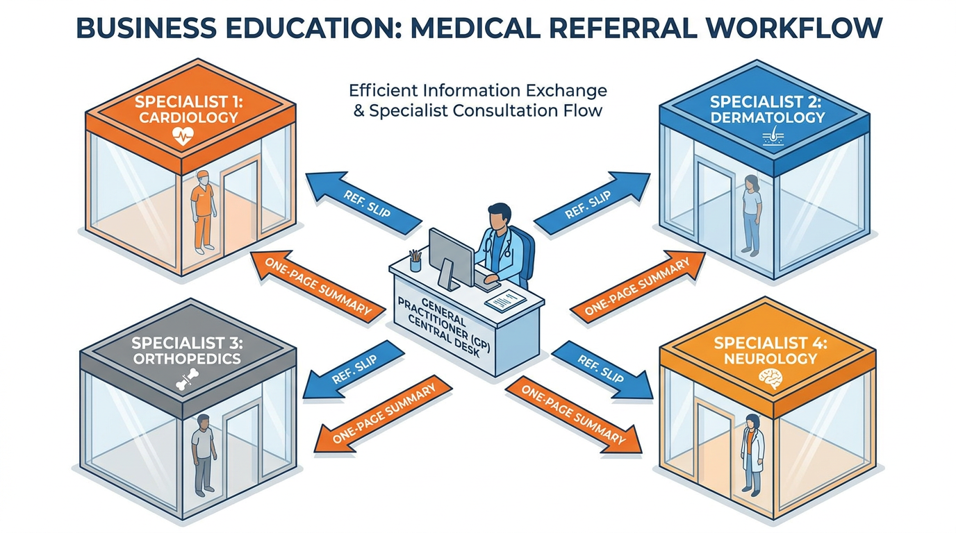 A general practitioner doctor at a desk with multiple referral slips going out to specialist doctors, each in their own examination room