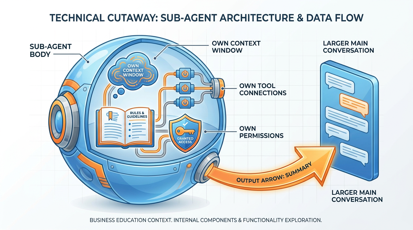 Anatomy of a sub-agent — own context window, own system prompt, own tools, own permissions, returning a summary to the main conversation