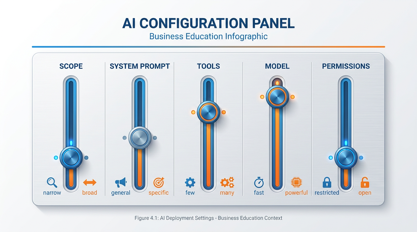 Five design dials for a sub-agent — scope, system prompt, tools, model, permissions — each set to a specific value