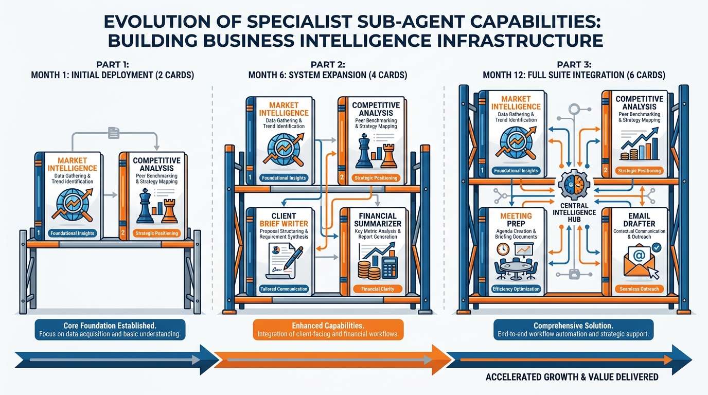 A bookshelf of specialist sub-agents growing month by month, each labeled with a name and use case