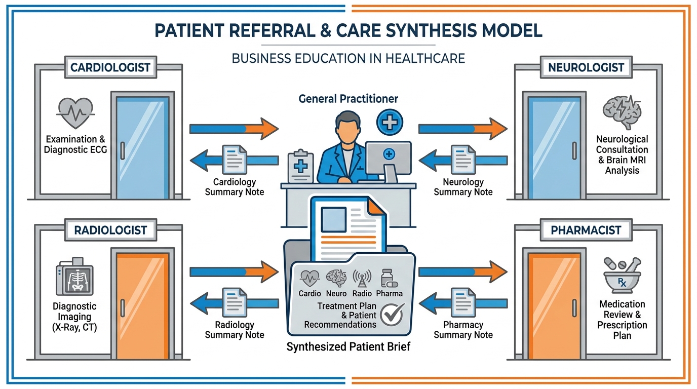 A general practitioner referring patients to specialists — cardiologist, neurologist, radiologist — each in their own operating room, reporting back a single summary