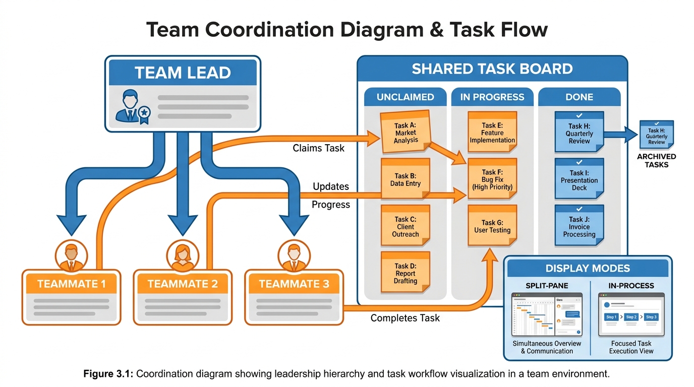 A team lead at the top, three teammates below, a shared task list to the side with items being claimed and moved to in-progress, and a small inset showing in-process vs. split-pane display modes.