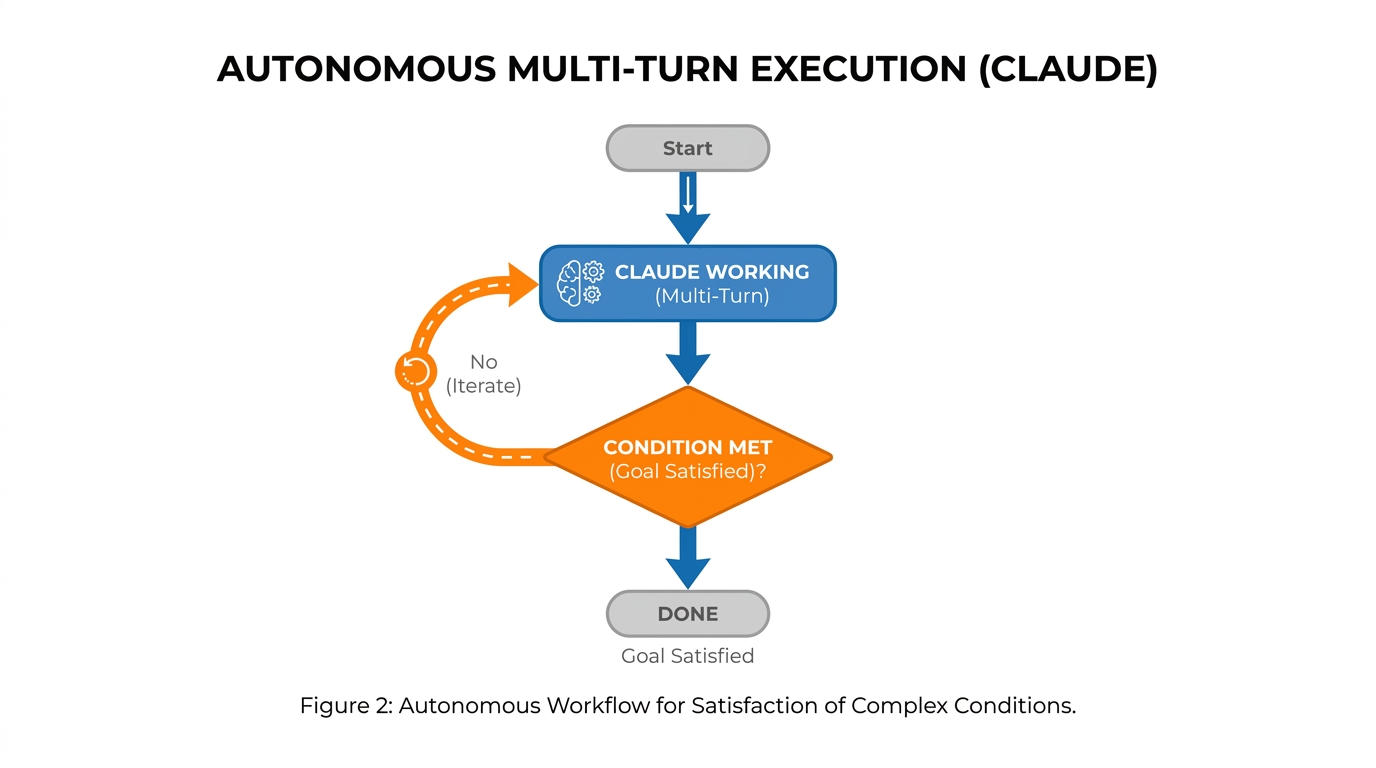 A diagram showing Claude working through multiple turns. After each turn, a small evaluator checks 'condition met?'. If no, another turn starts automatically. If yes, the work stops.