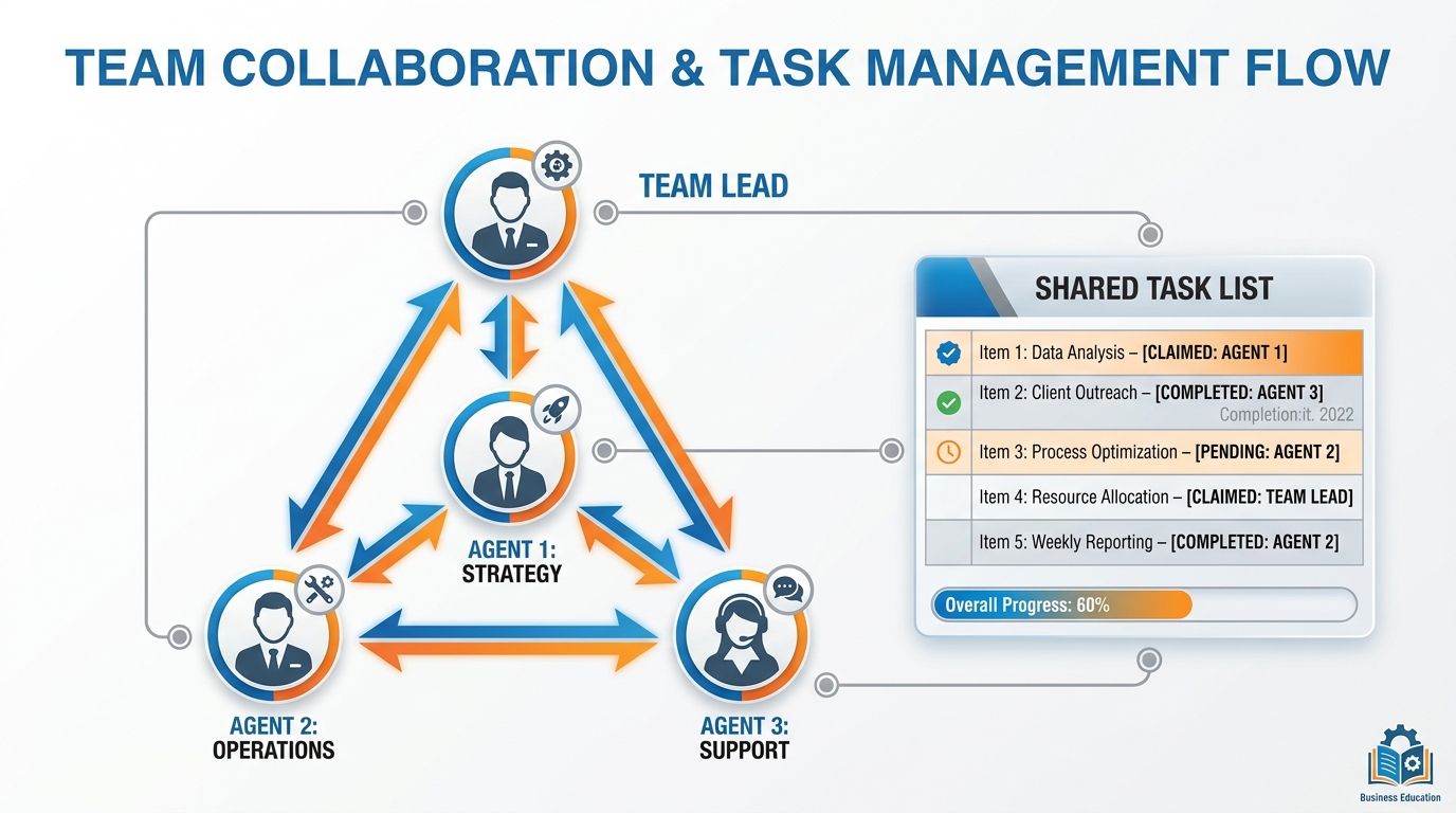 A team lead at the center of a triangle, with three teammate agents at the corners, each connected to the others by two-way arrows, and a shared task list floating above them.