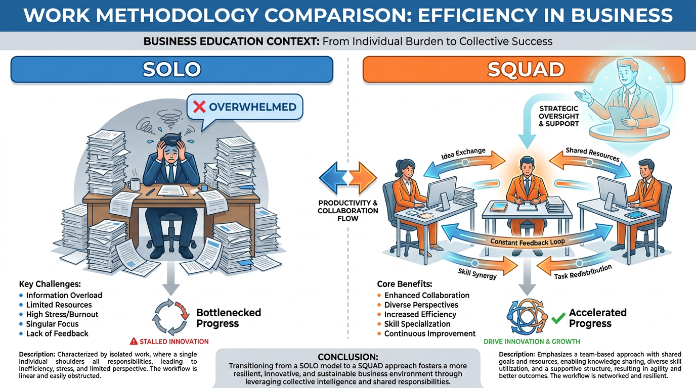 On the left, one figure at a desk surrounded by stacks of paper. On the right, three figures at three desks, with arrows showing them talking to each other while a fourth figure oversees from above.