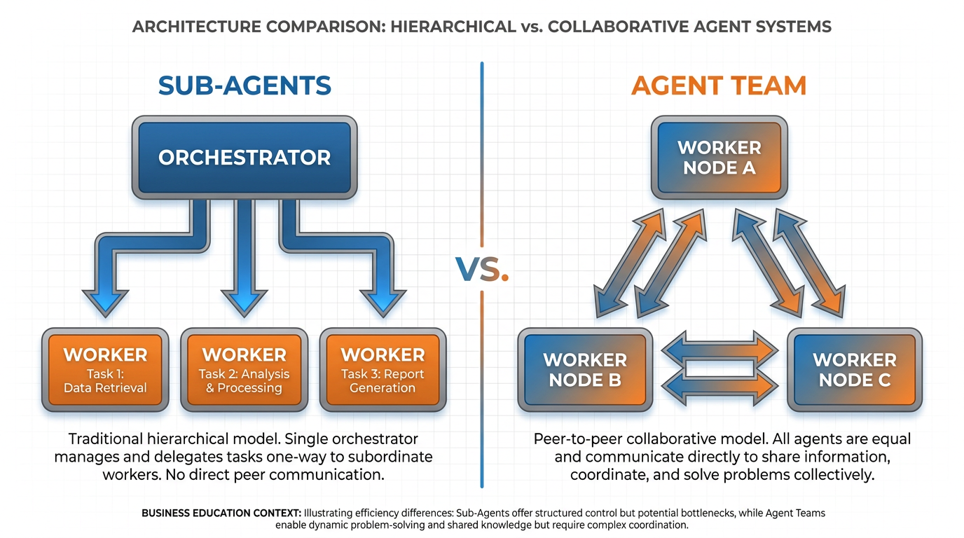 Two diagrams side by side. Left: a sub-agent diagram with arrows only pointing up from three workers to one boss. Right: an agent team diagram with three workers connected to each other in a triangle of two-way arrows.