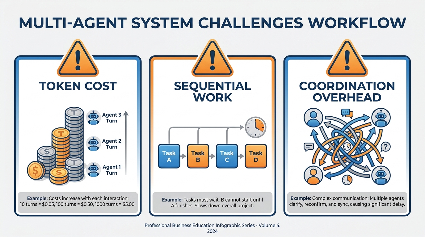 Three warning signs: one labeled 'Token Cost', one labeled 'Sequential Work', one labeled 'Coordination Overhead'. Each is illustrated with a small example.
