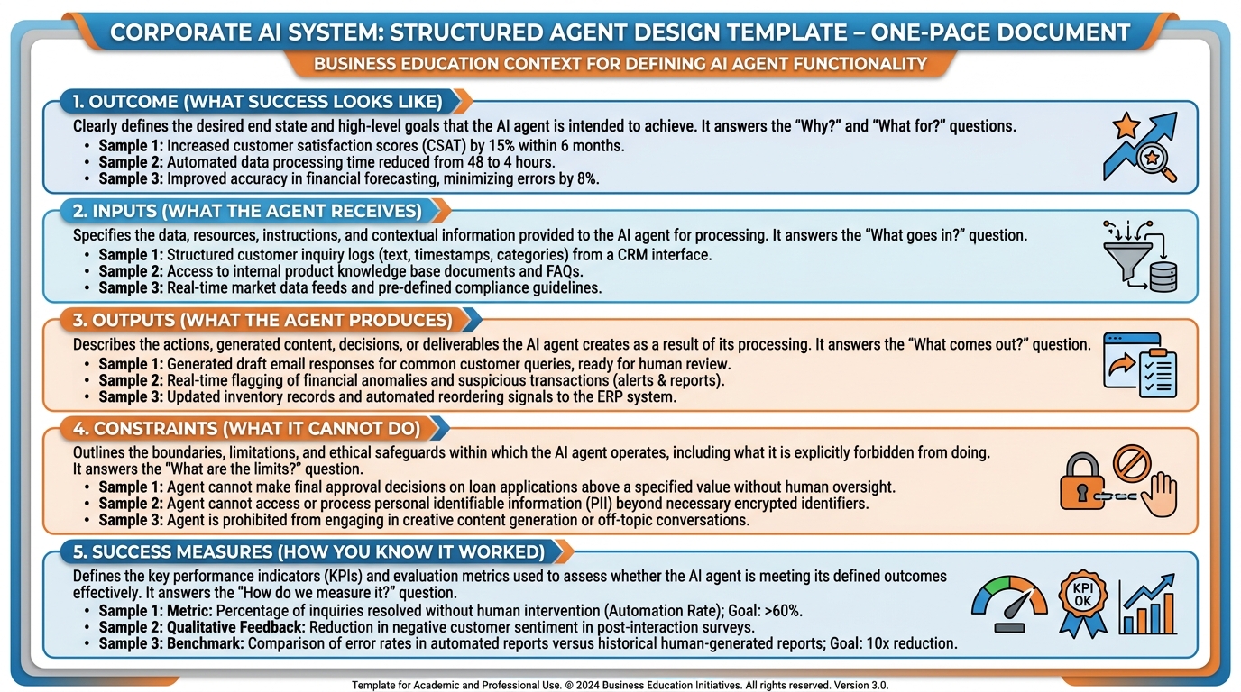 One-page engineering brief showing five clearly defined sections — outcome, inputs, outputs, constraints, success measures — laid out as a structured document template