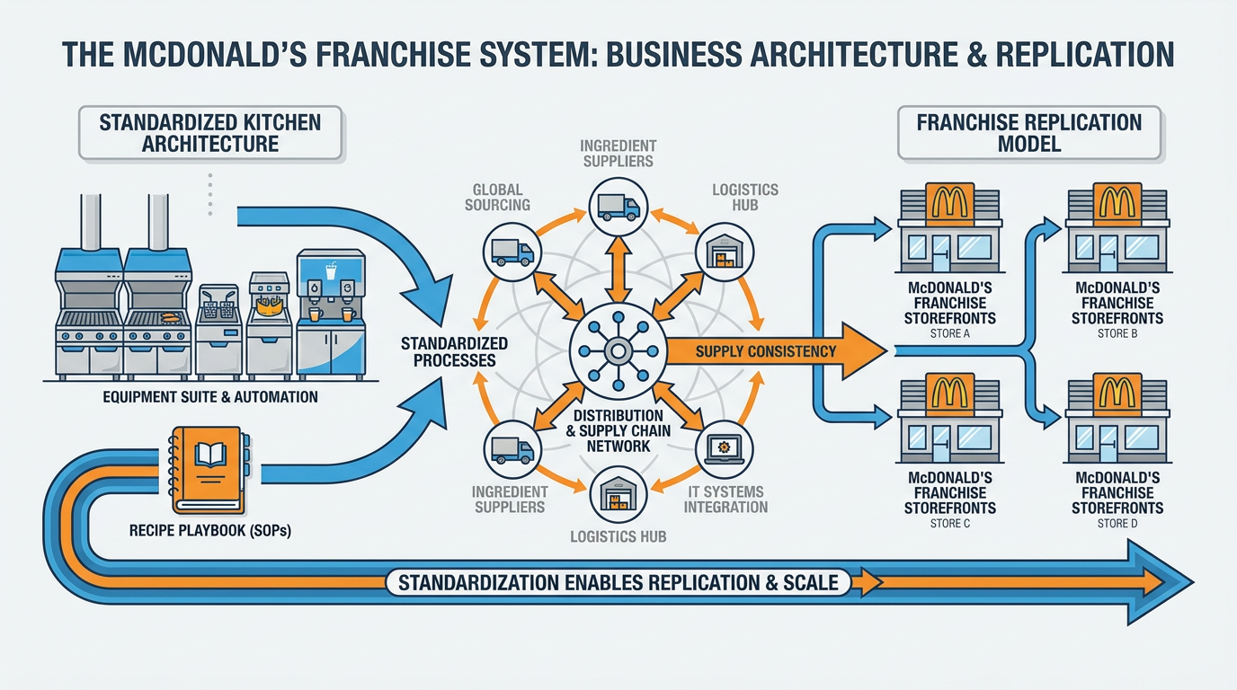 McDonald's franchise system illustrated as kitchen equipment, recipe playbooks, and supply chain feeding into many franchised storefronts