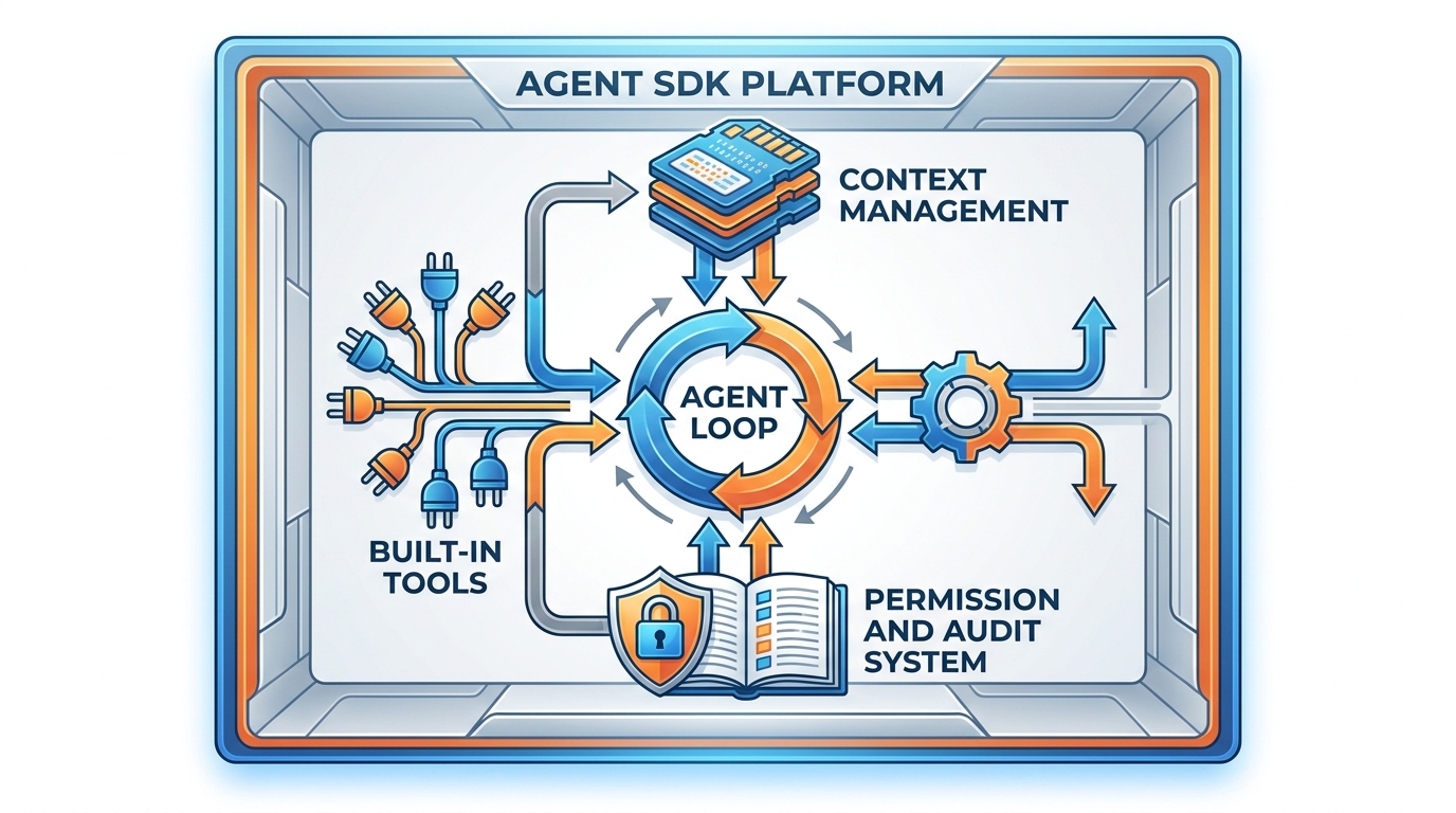Cutaway view of the Agent SDK showing four main components — built-in tools, the agent loop, context management, and the permission and audit system