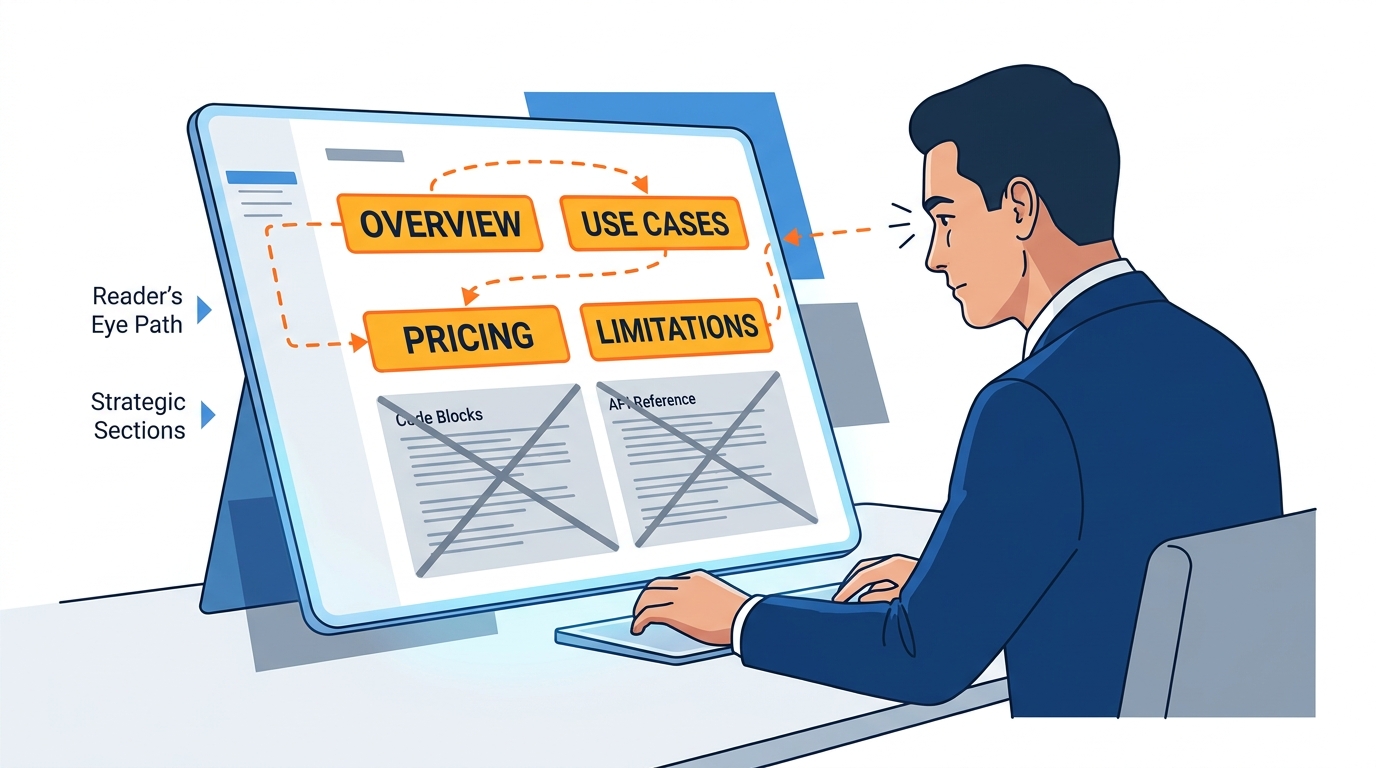 A business reader skimming a documentation page, with the strategic sections highlighted in bright color and the code blocks crossed out