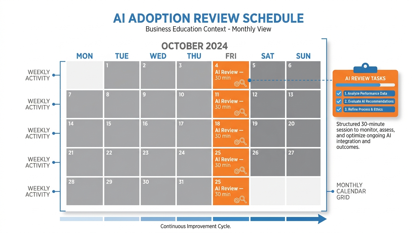 A calendar with a recurring 30-minute Friday review block